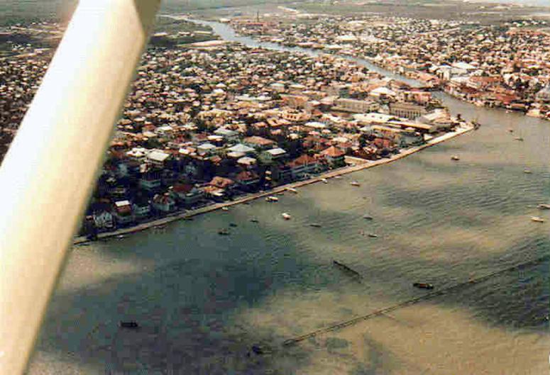 Aerial view of the south side of Belize City, mid 1940's