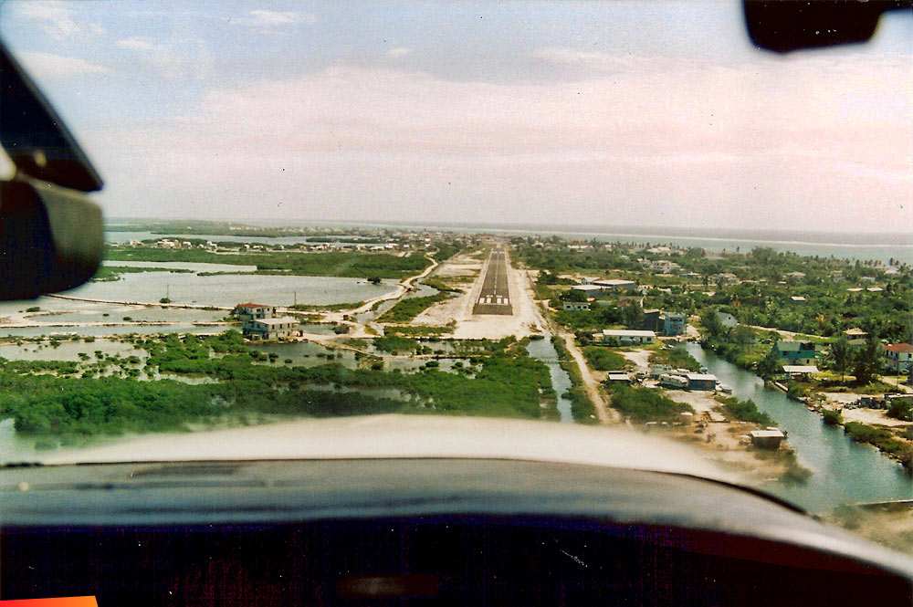View of the landing strip from the cockpit at landing, mid to late 1990's