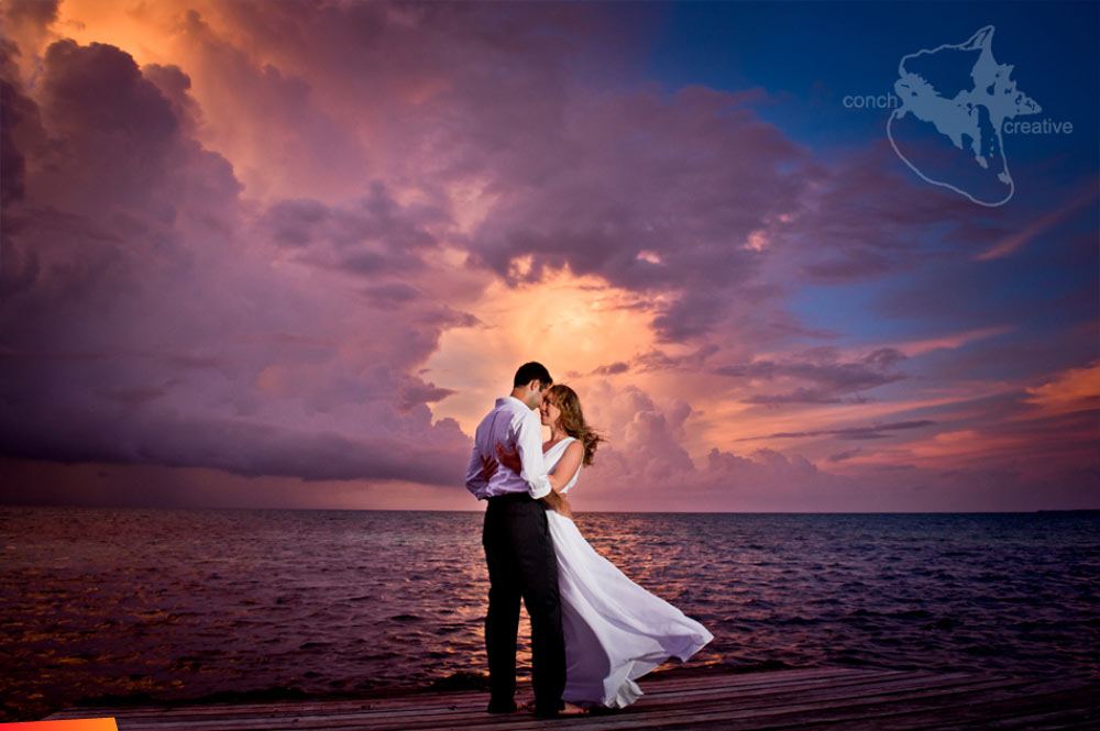 Just married: Beautiful couple, beautiful sunset on St. George's Caye