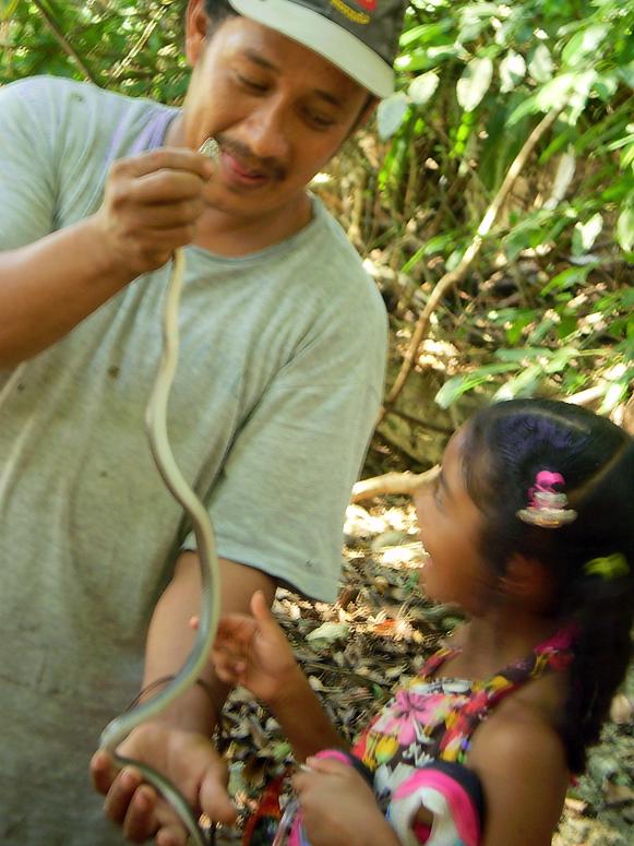 Taijah getting acquainted with the snake she sighted at Clarissa Falls before it was released into its natural habitat