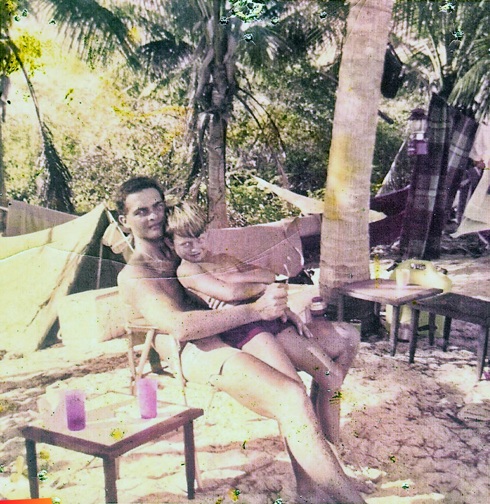 Chris Berlin and his dad Skip exploration camping on the coast of Honduras, 1972