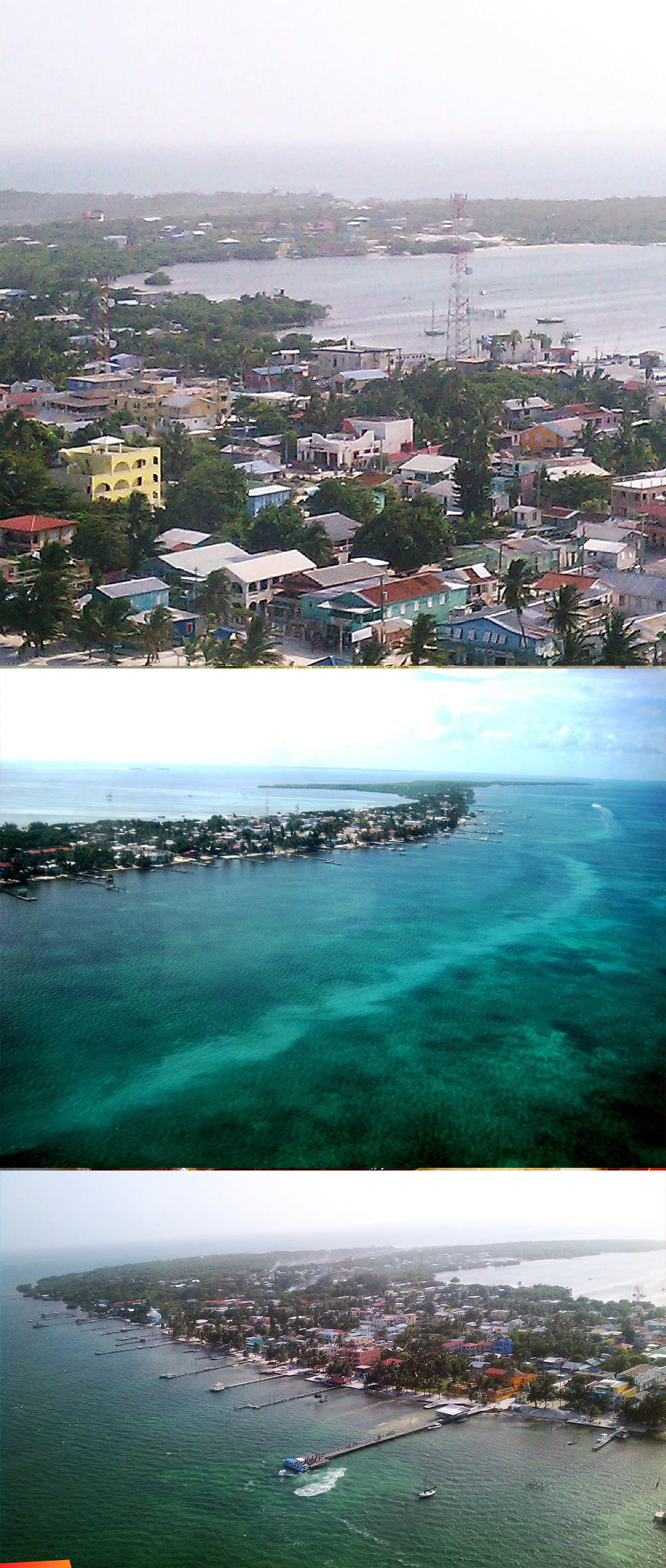Three views of Caye Caulker from the air