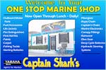 Captain Sharks Marine & Boat Yard in San Pedro, near the airstrip. Welcome to your one-stop marine shop. Now open through lunch daily!
