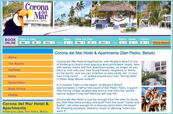 Corona del Mar Hotel & Apartments, with Woody's Wharf is one of Ambergris Caye's most spacious and comfortable hotels. Now with twelve rooms and four apartment suites, no longer do you have to visit with your new found friends, neighbors or family on the porch; now you can entertain or play cards, etc. in your own living room! . . . or seated around your own in these large deluxe suites!!!